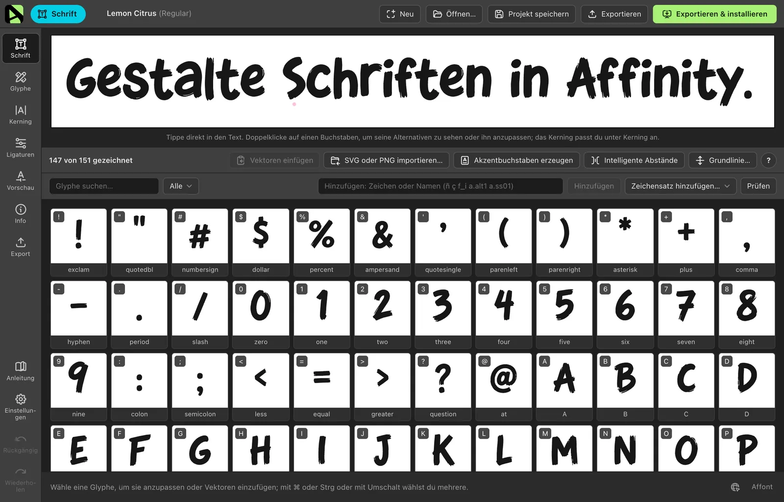 Der Bildschirm „Schrift“ in Affont mit den Glyphen von Lemon Citrus im Raster und einer Testzeile oben