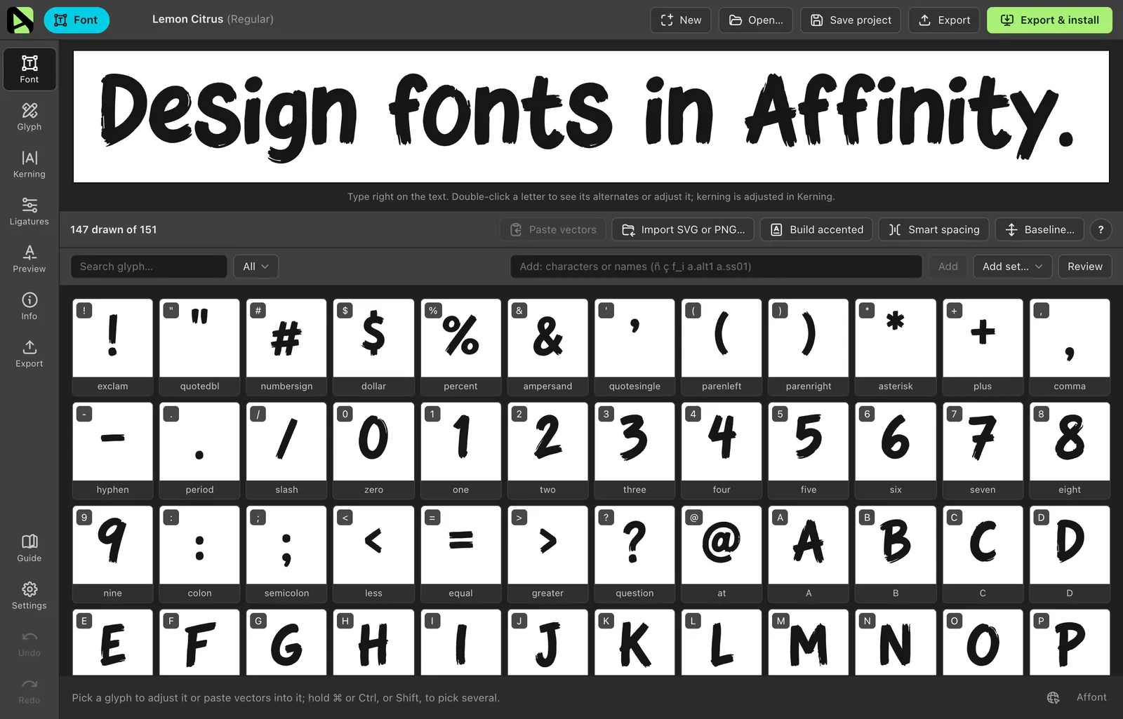 Affont’s Font screen with the Lemon Citrus glyphs in a grid and a test line on top