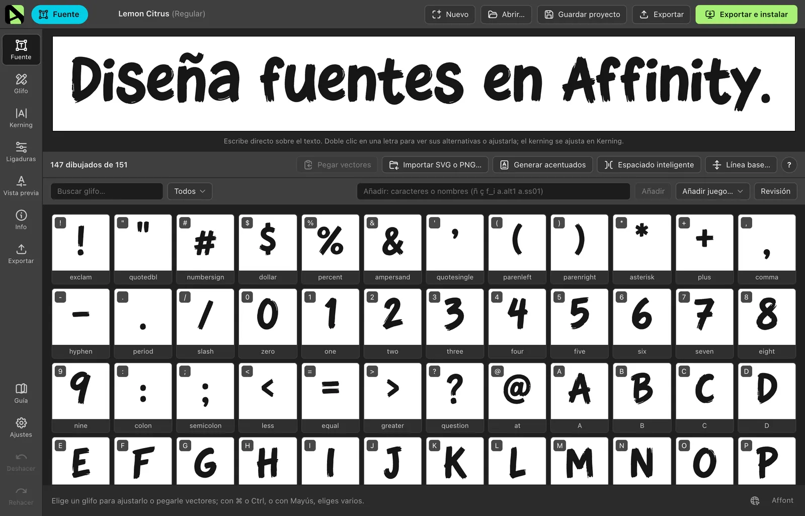 Pantalla Fuente de Affont con los glifos de Lemon Citrus en una cuadrícula y una línea de prueba arriba
