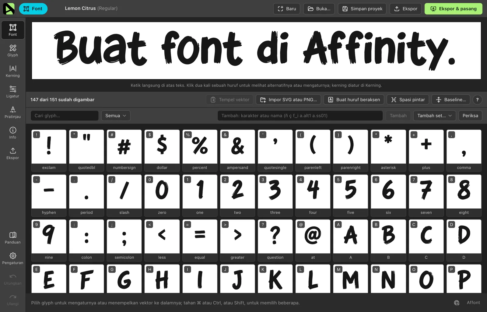 Layar Font di Affont dengan glyph Lemon Citrus dalam kisi dan baris uji di atas
