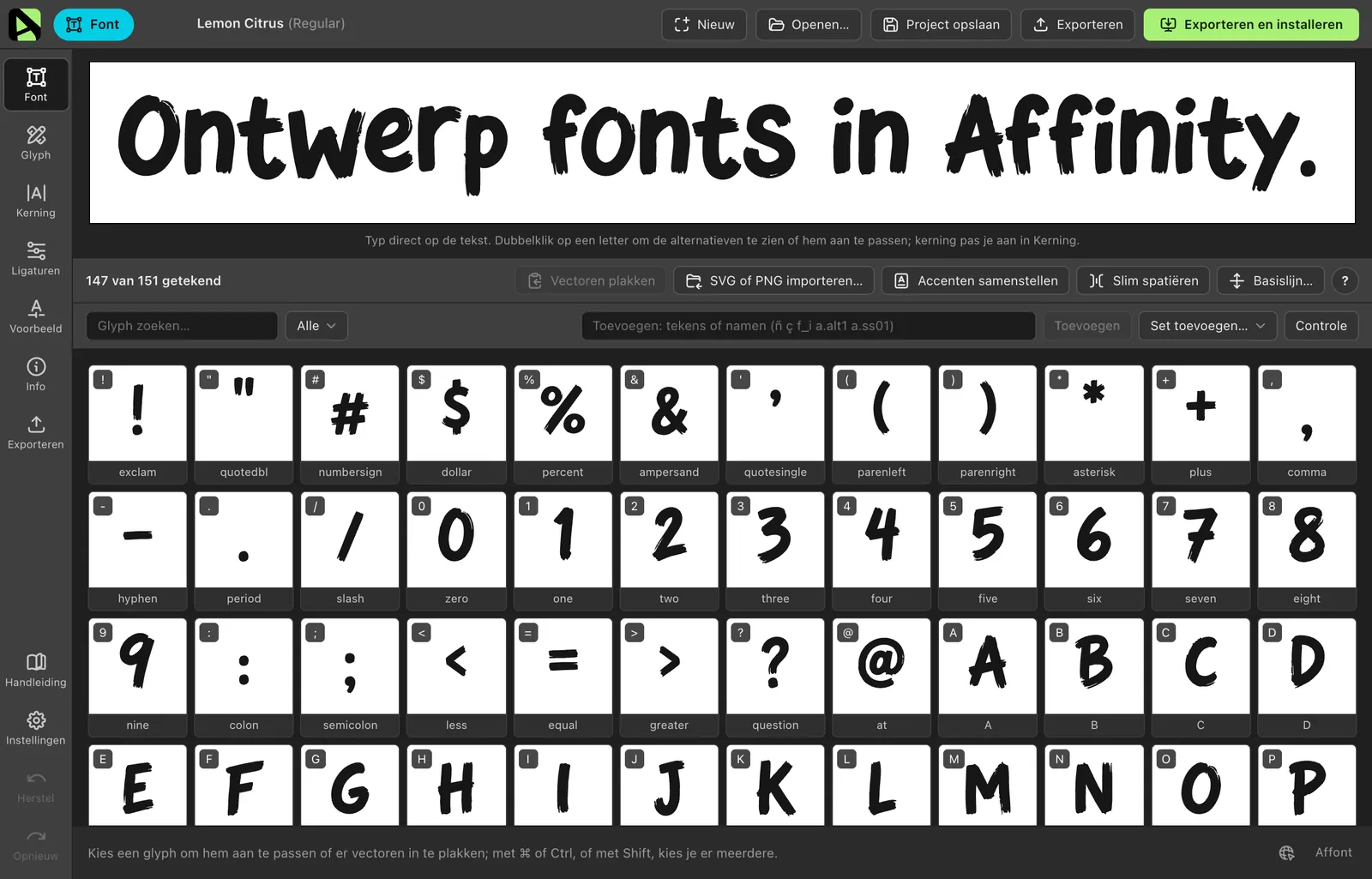 Het Font-scherm van Affont met de glyphs van Lemon Citrus in een raster en een testregel bovenaan