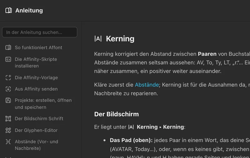 Die Anleitung von Affont beim Abschnitt Kerning, mit Suche und Themenverzeichnis