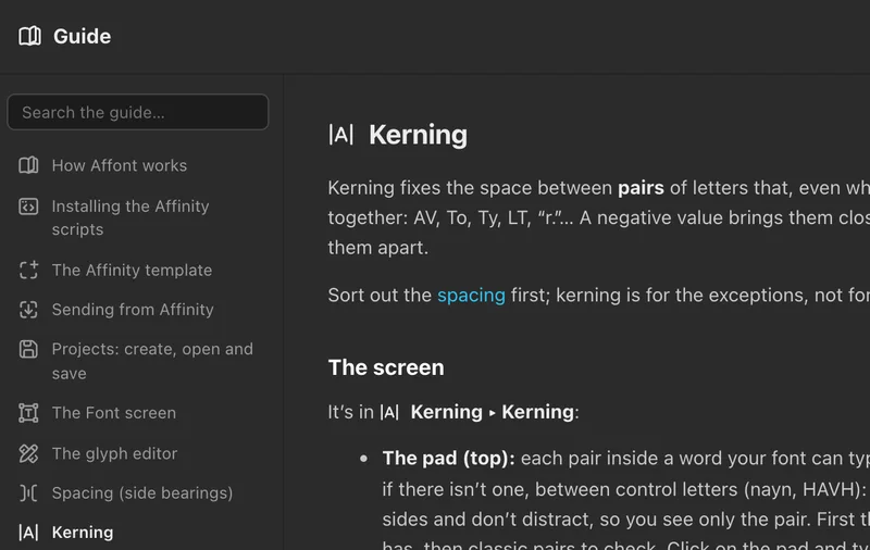 Affont’s guide open at the Kerning section, with search and the topic index