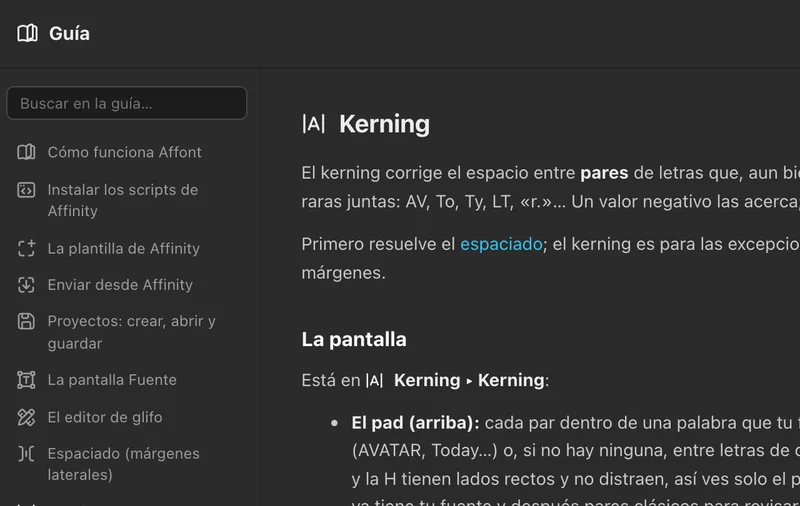 La guía de Affont abierta en la sección Kerning, con el buscador y el índice de temas
