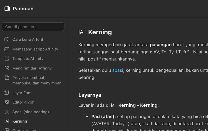 Panduan Affont terbuka di bagian Kerning, dengan pencarian dan daftar topik