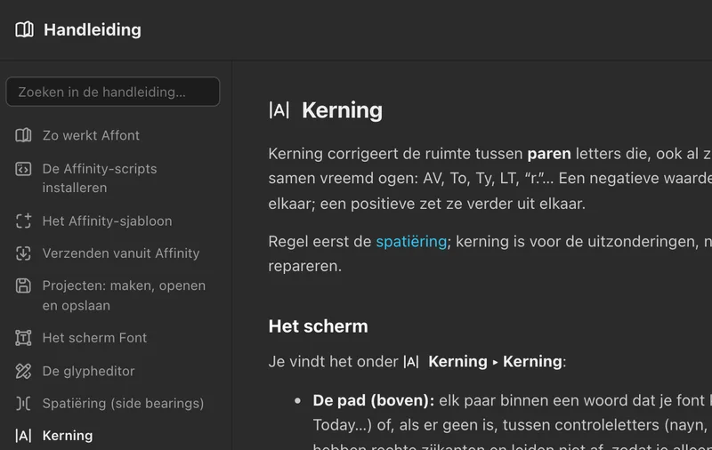 De gids van Affont, open bij het onderdeel Kerning, met zoekveld en onderwerpenlijst