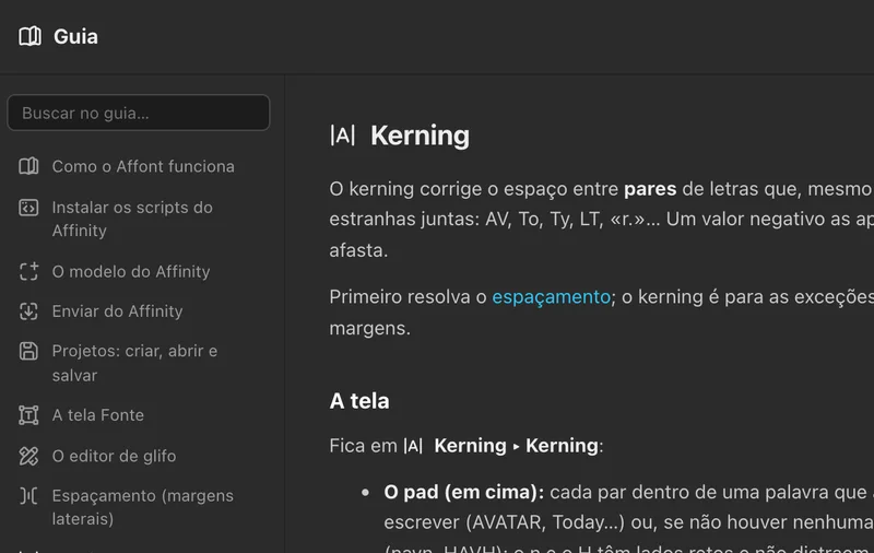 O guia do Affont aberto na seção Kerning, com a busca e o índice de temas