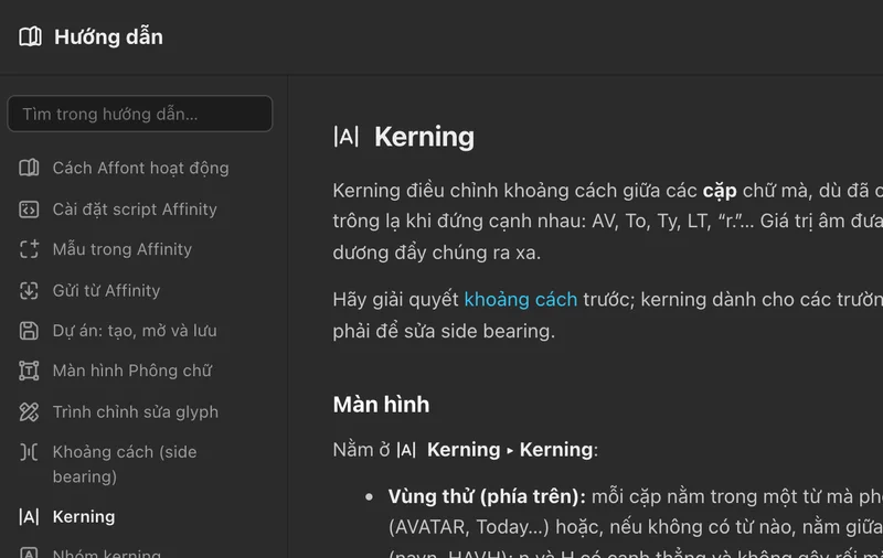 Hướng dẫn của Affont mở ở mục Kerning, có ô tìm kiếm và mục lục