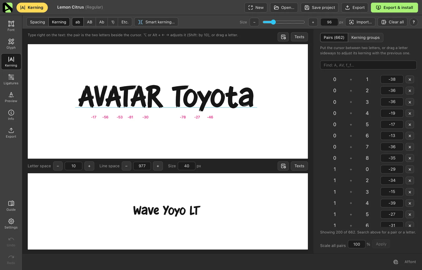 Affont’s Kerning screen with the text AVATAR Toyota and each pair’s value in magenta
