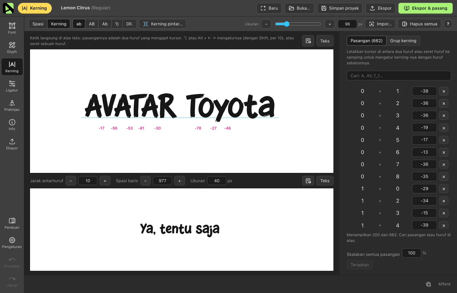 Layar Kerning di Affont dengan teks AVATAR Toyota dan nilai setiap pasangan berwarna magenta