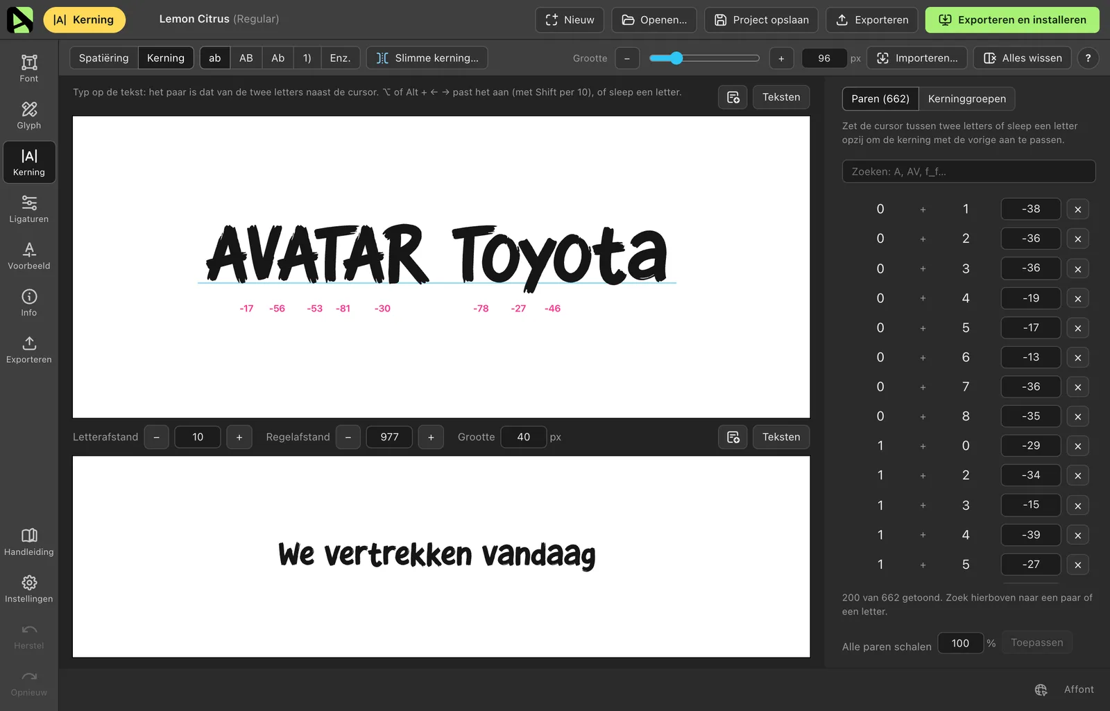 Het Kerning-scherm van Affont met de tekst AVATAR Toyota en de waarde van elk paar in magenta