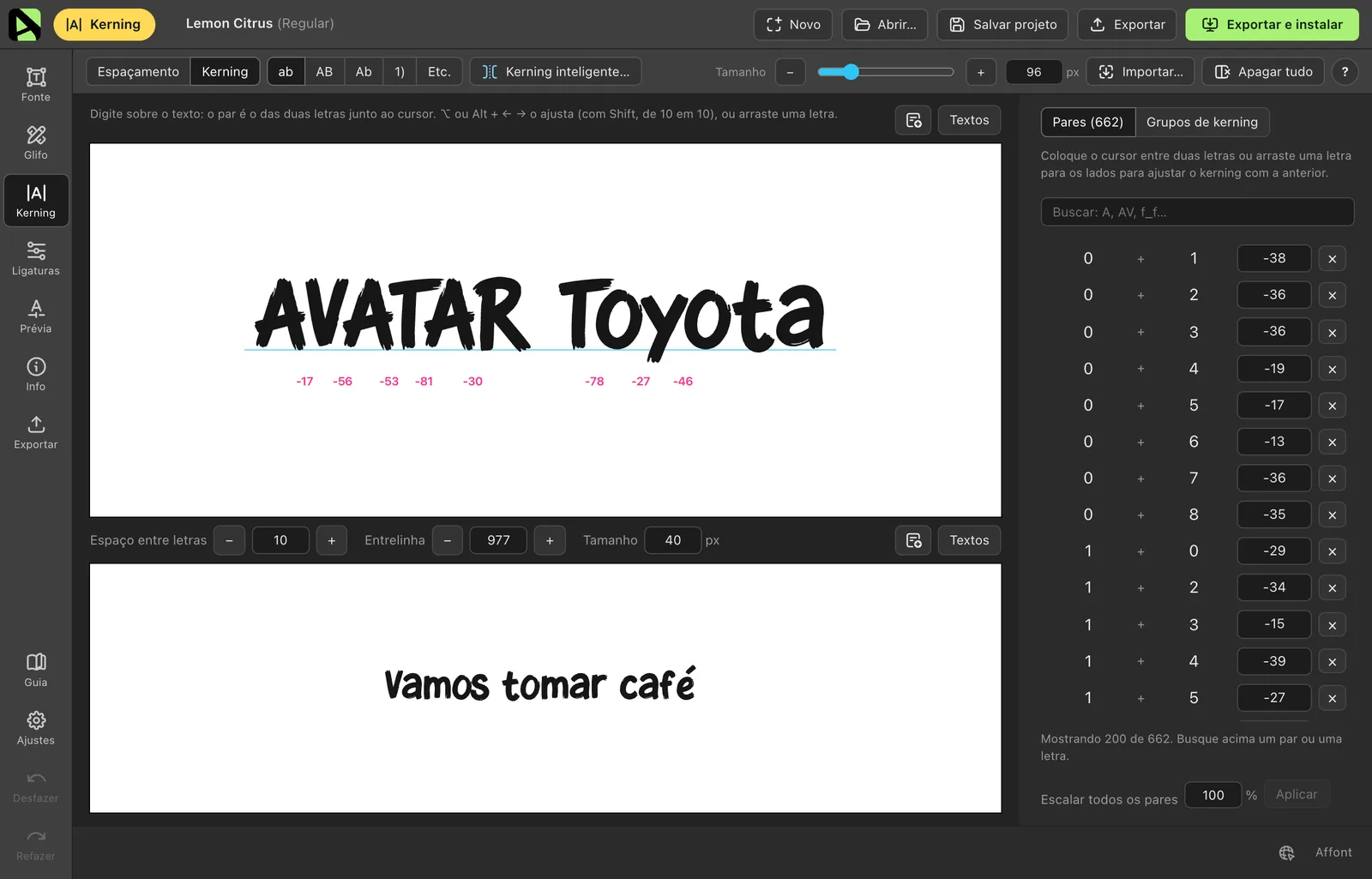 Tela Kerning do Affont com o texto AVATAR Toyota e o valor de cada par em magenta