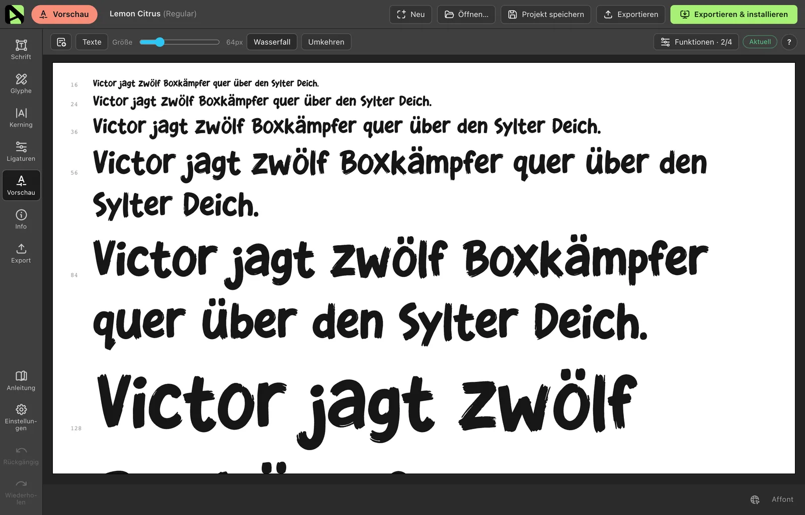 Die Vorschau von Affont mit einem Pangramm in Lemon Citrus als Wasserfall der Größen