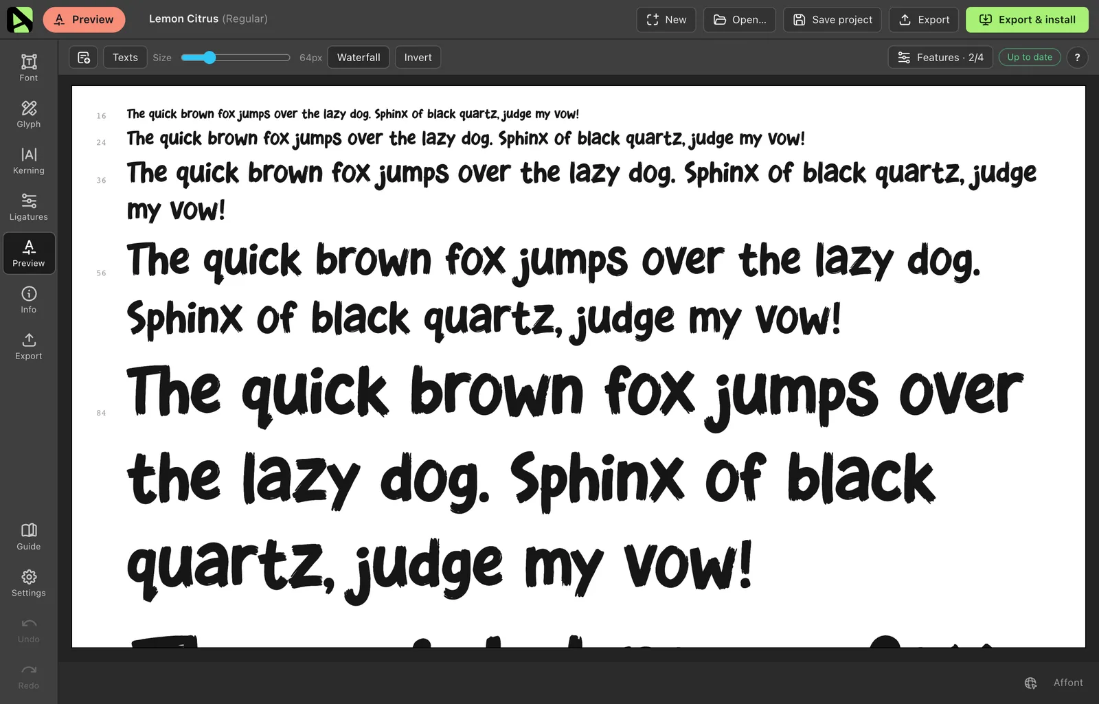 Affont’s preview with a Lemon Citrus pangram in a size waterfall