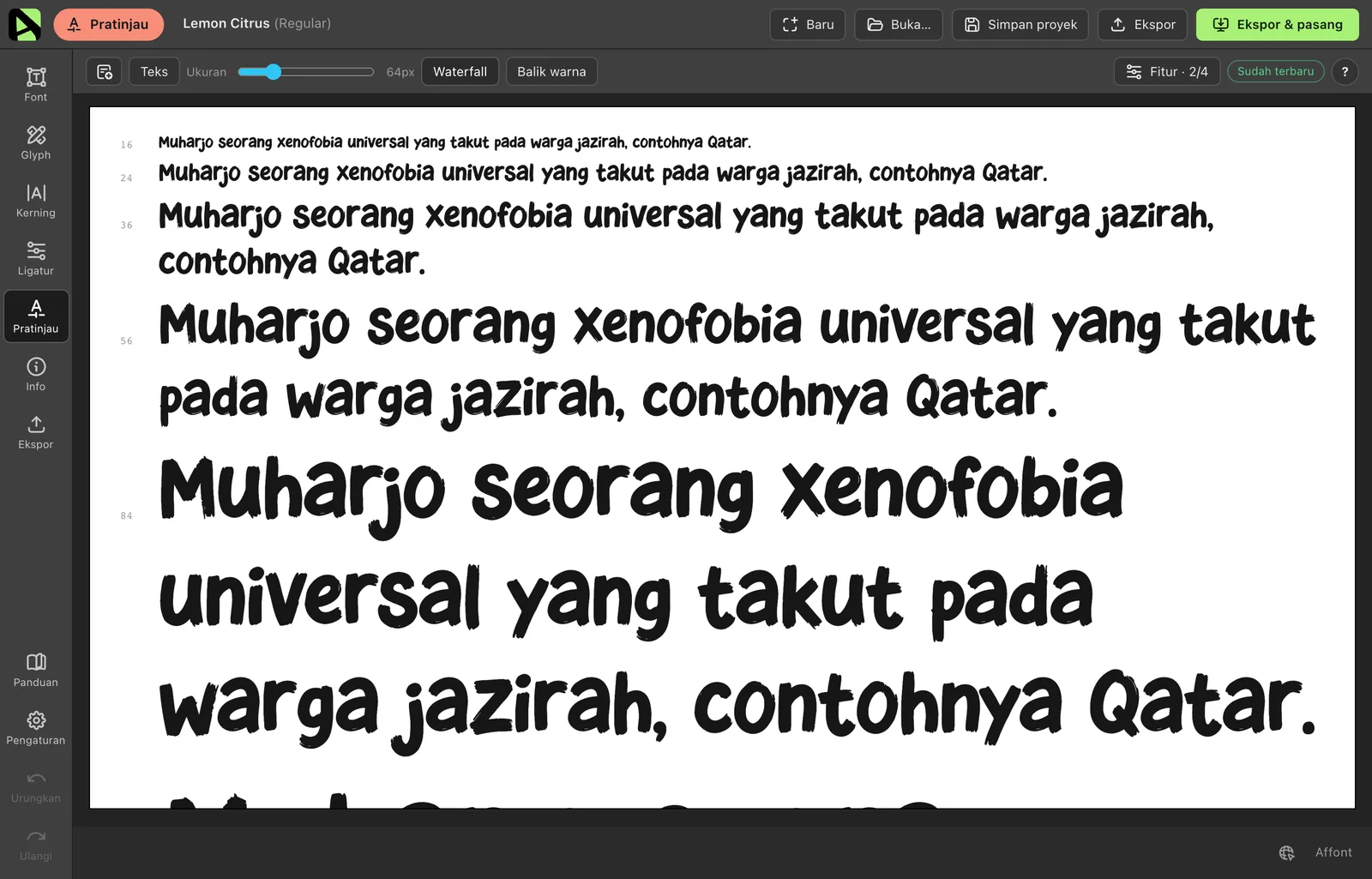 Pratinjau Affont dengan pangram Lemon Citrus dalam berbagai ukuran