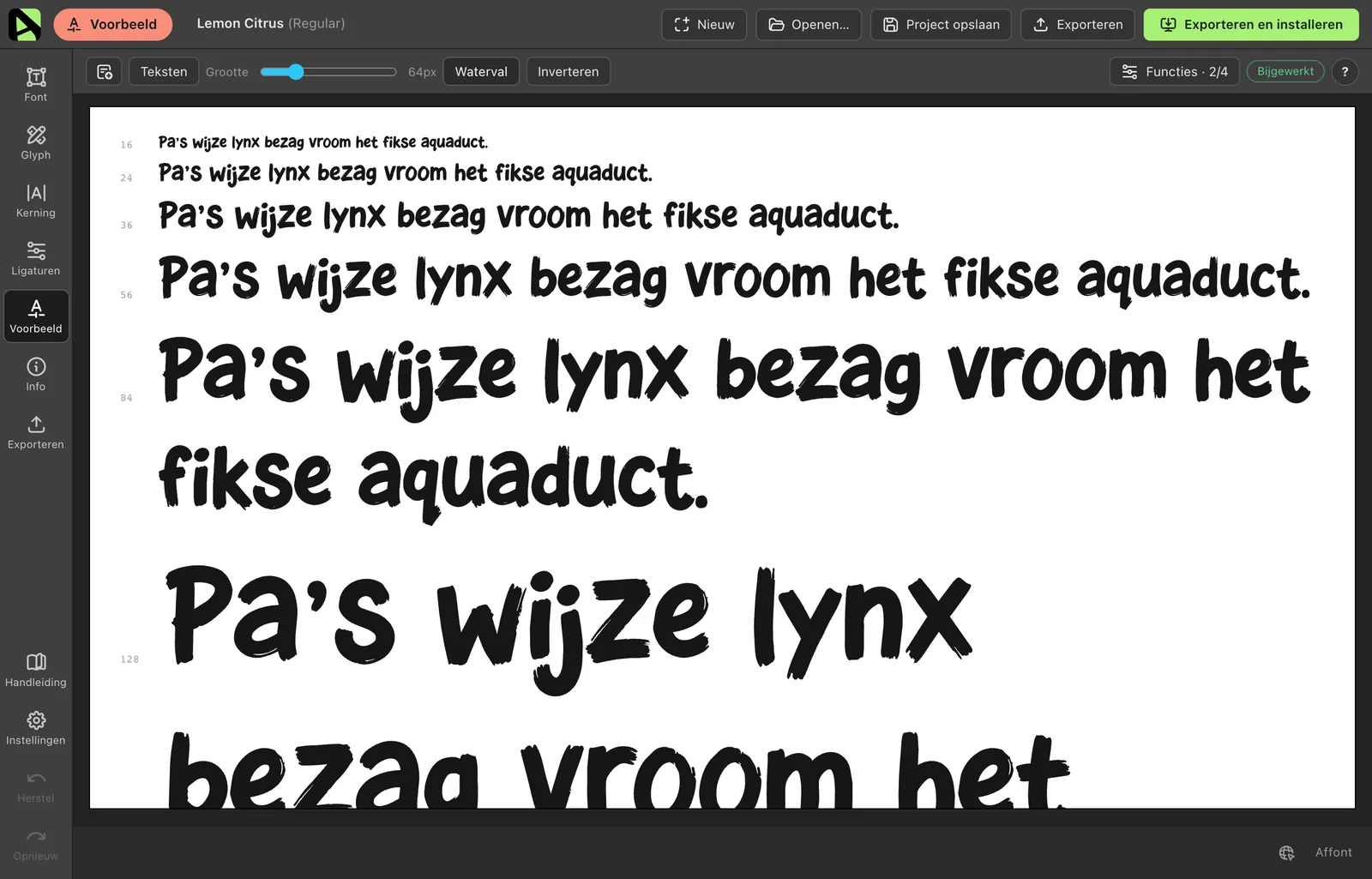 De voorvertoning van Affont met een pangram in Lemon Citrus als waterval van groottes